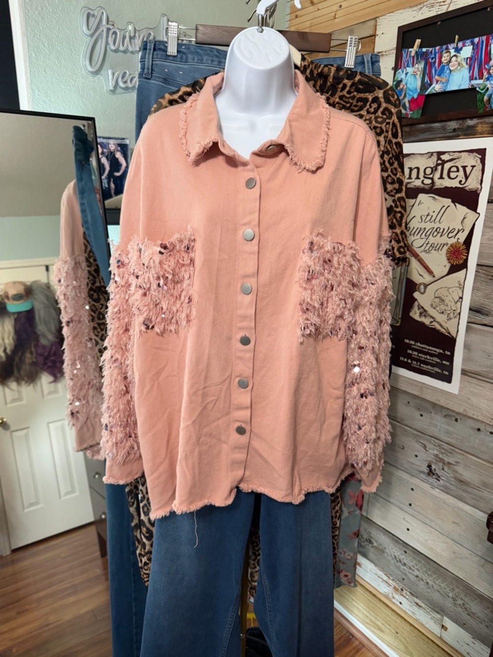 Peach Button-Front Shag Sleeve Jacket